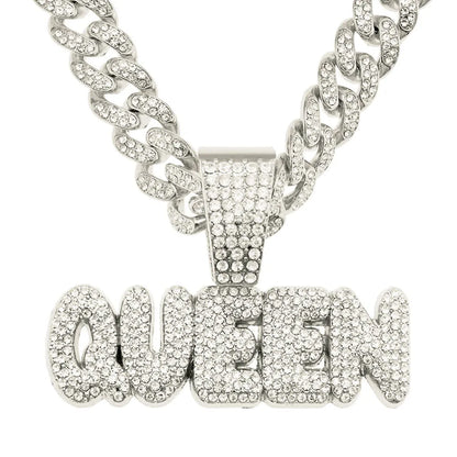 Yuzz Iced Out Queen Letter Pendant & Cuban Chain Necklace