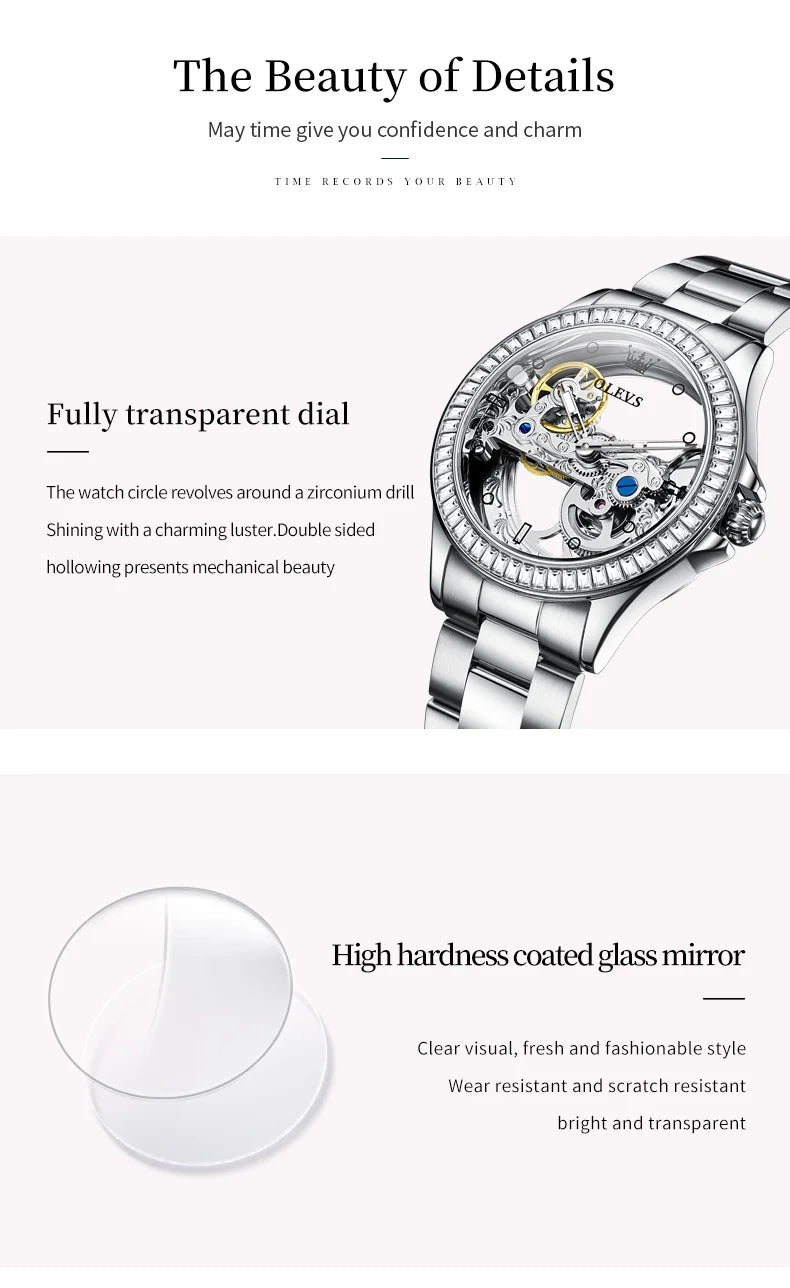 OLEVS Luxury Silver Fully Hollow Out Mechanical Watch for with Diamond