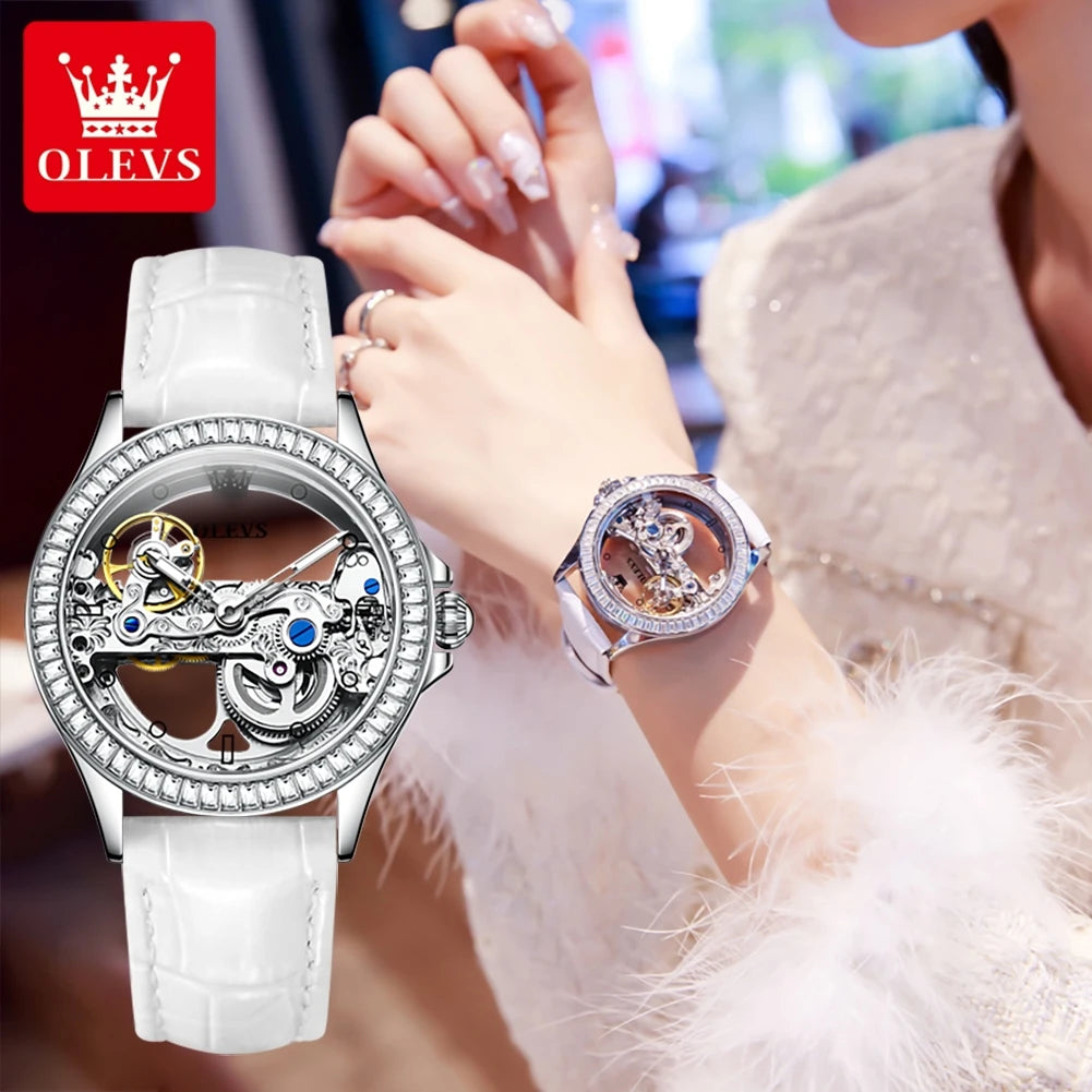 OLEVS Luxury Silver Fully Hollow Out Mechanical Watch for with Diamond