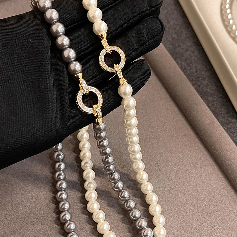 French Elegant Necklace For Women - Zircon Round Buckle Imitation Pearl Beaded Necklace