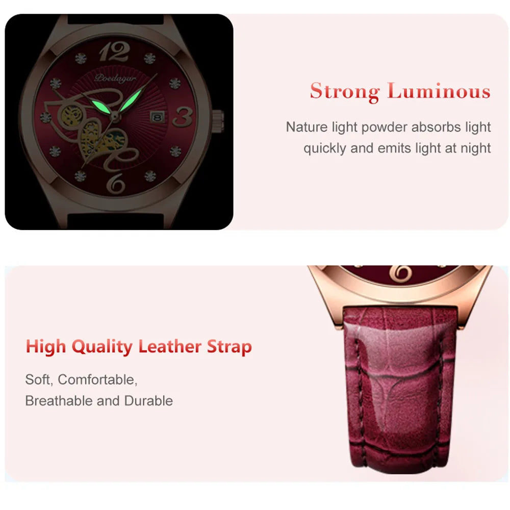 POEDAGAR Quality luxurious leather Band Watch For Woman - Quartz Watch, Waterproof, Date And Box