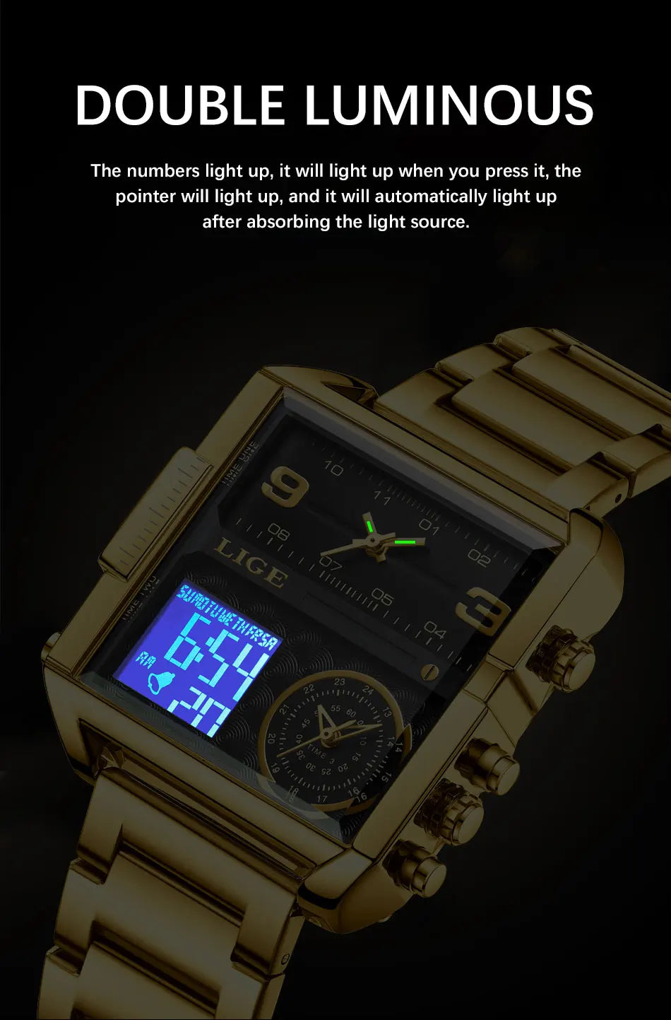 LIGE Quality Luxury Stainless Steel Gold Watch - Quartz Clockwork, Waterproof, Dual Display With Box