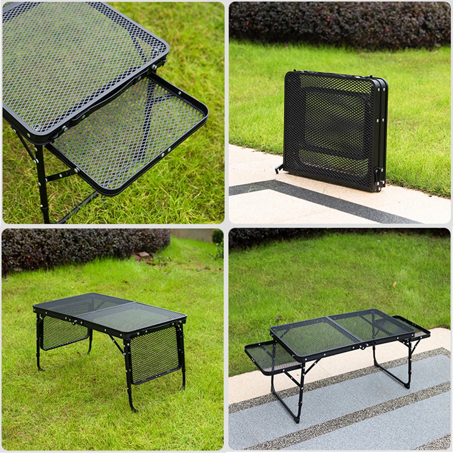 Outdoor Portable Iron Mesh Folding Table With Lifting Extention Shelf