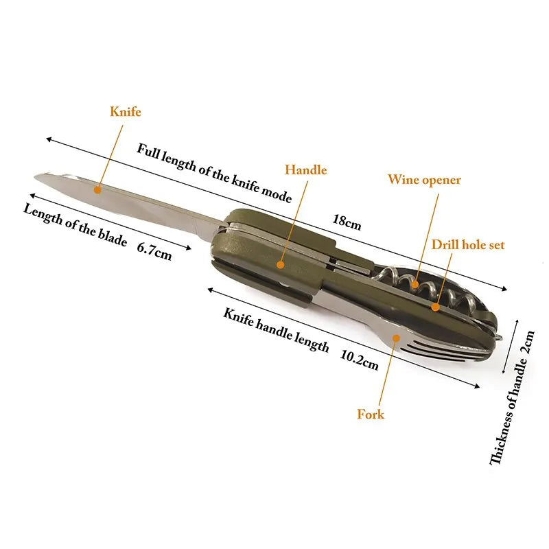 Outdoor 7 In 1 Multifunctional Stainless Steel Foldable Fork Spoon Knife Tableware