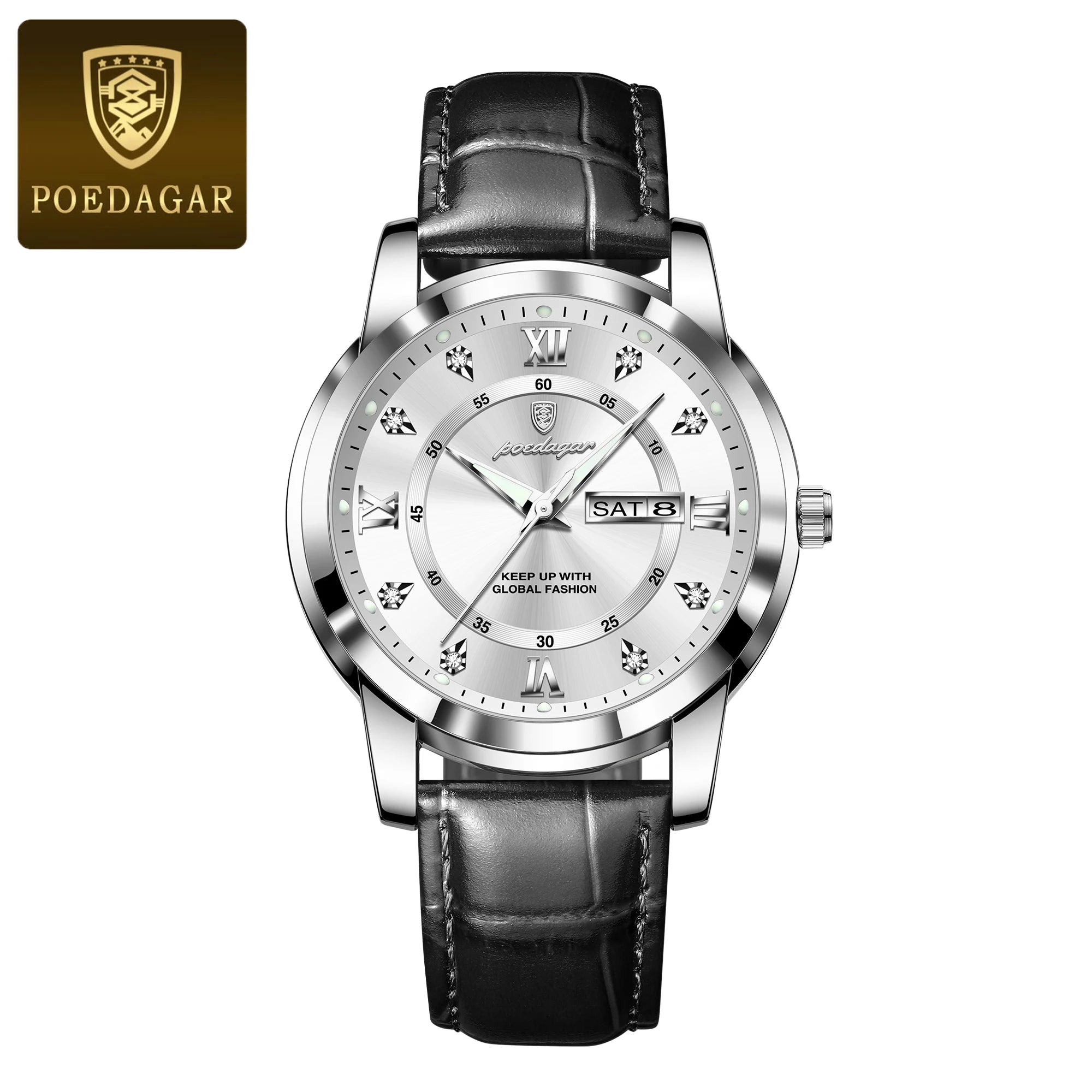 POEDAGAR Quality Luxury Leather band Quartz Watch - Waterproof, Luminous, Date + week And Box