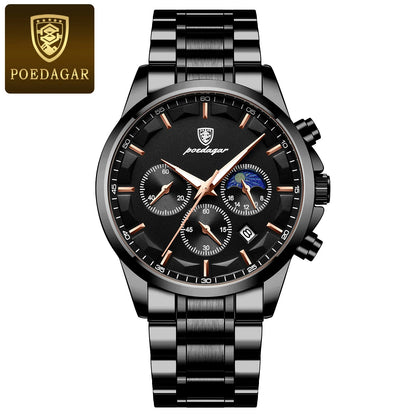 POEDAGAR Luxury Stainless Steel Quartz Chronograph Watch - Waterproof, Luminous, Date And Box