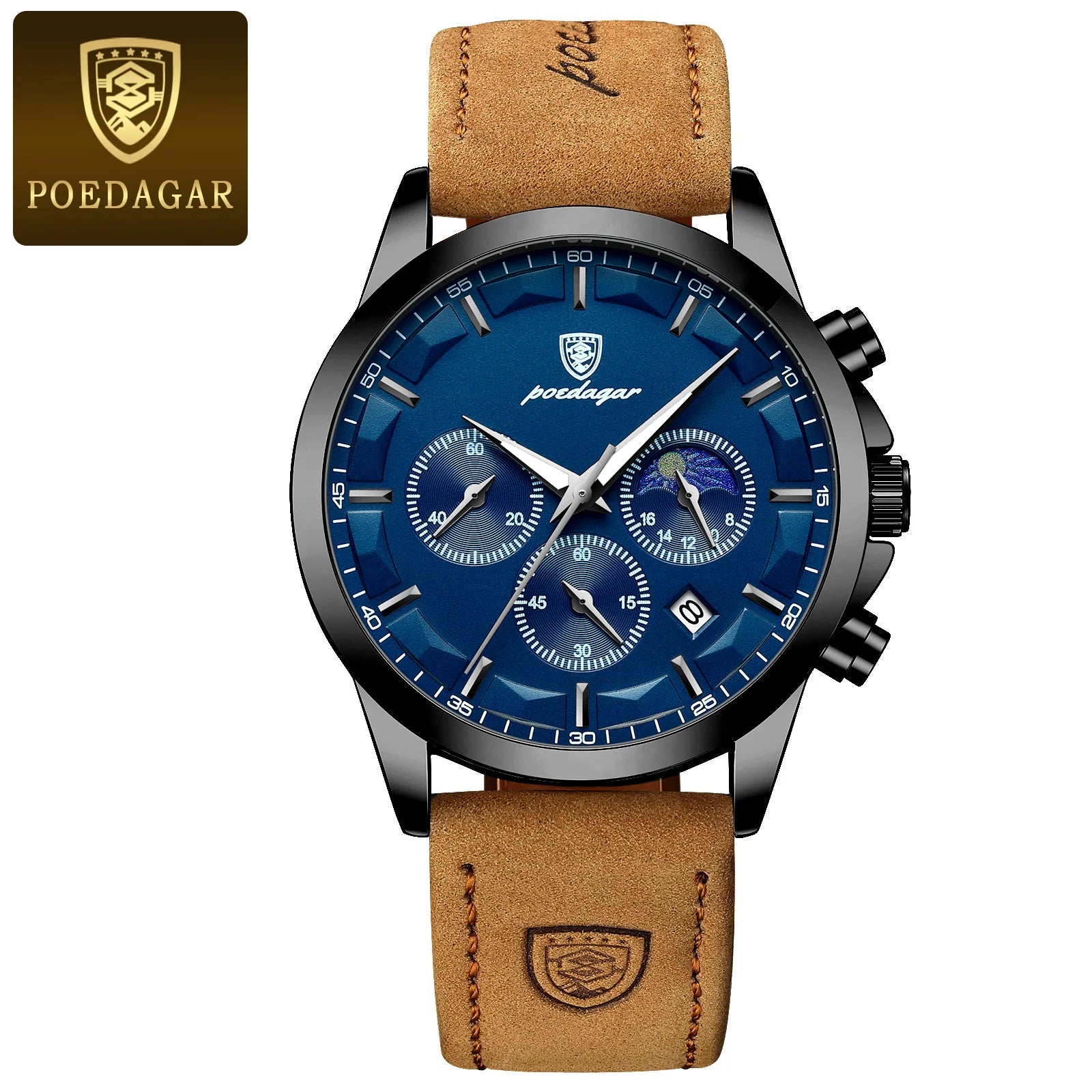 POEDAGAR Luxury leather band Quartz Chronograph Watch - Waterproof, Luminous, Date And Box