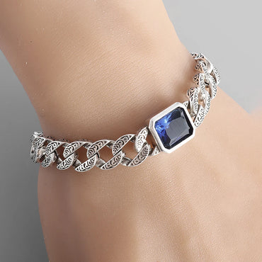 Silver Vintage Cuban Chain Bracelet 18/20/22cm With Sapphire for Men