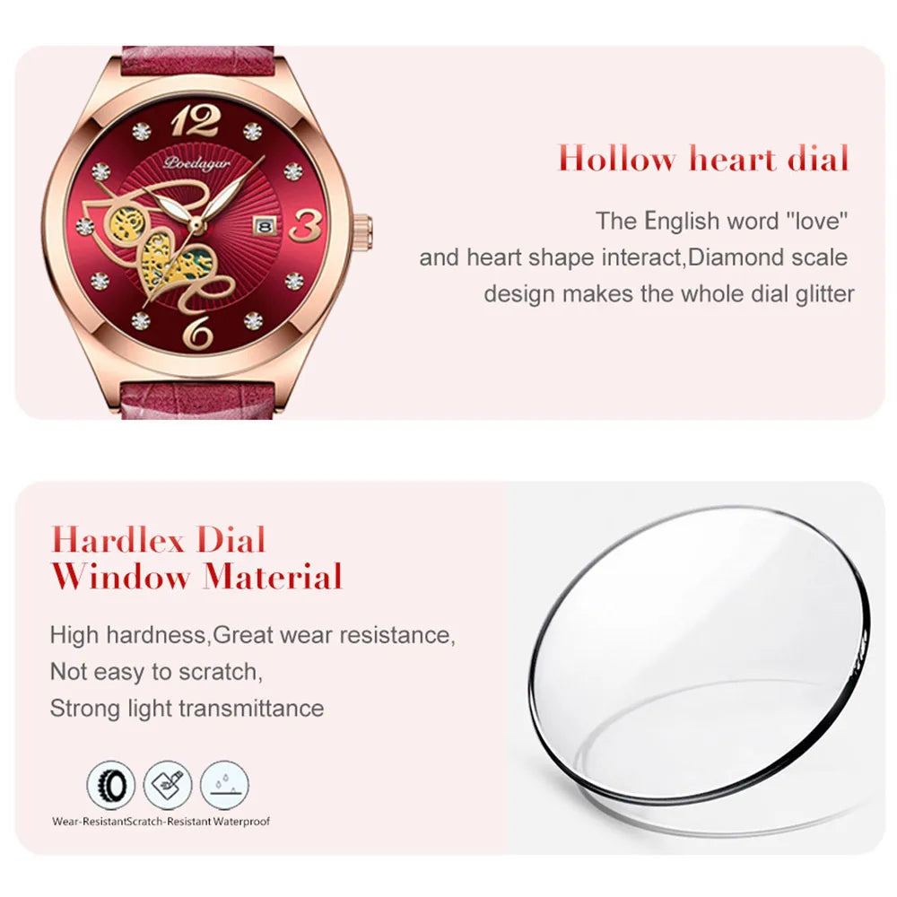 POEDAGAR Quality luxurious leather Band Watch For Woman - Quartz Watch, Waterproof, Date And Box