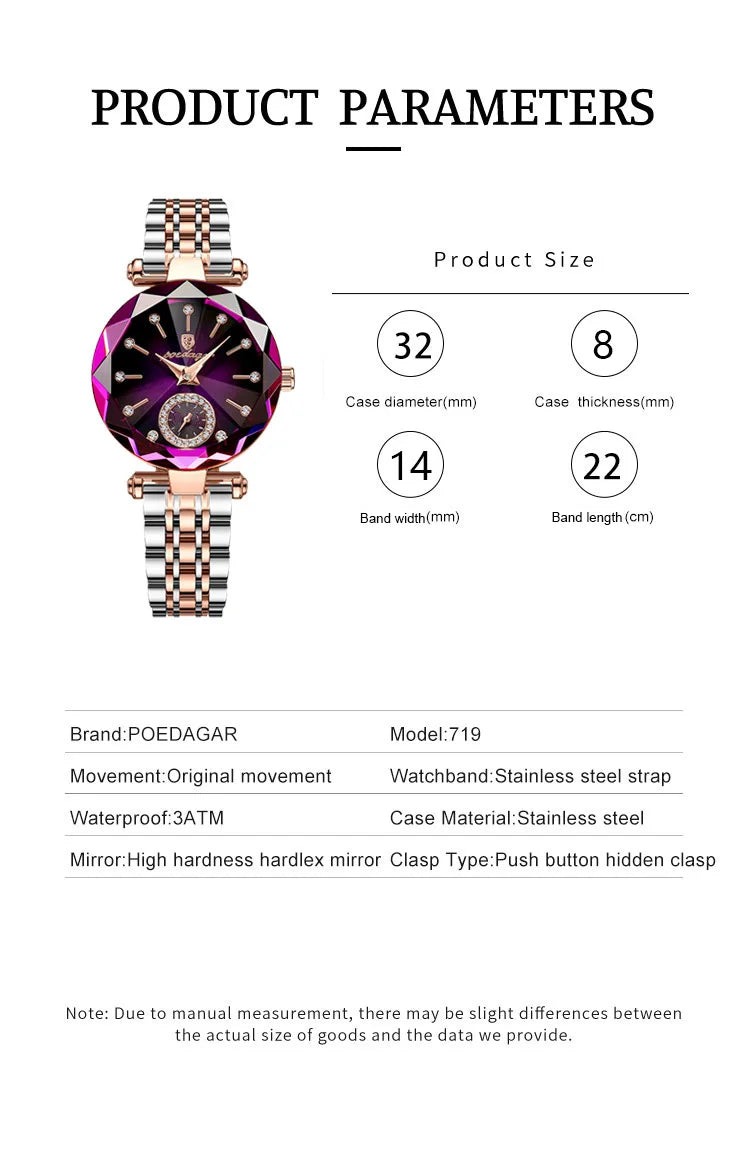 POEDAGAR Woman Luxury style Stainless Steel Quartz Watch - Waterproof, Luminous, Date And Box