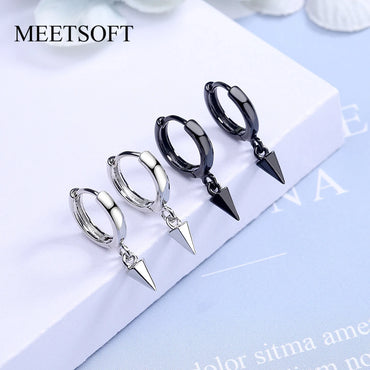 MEETSOFT Trendy 925 Sterling Silver Cone Black & Silver Hoop Earrings