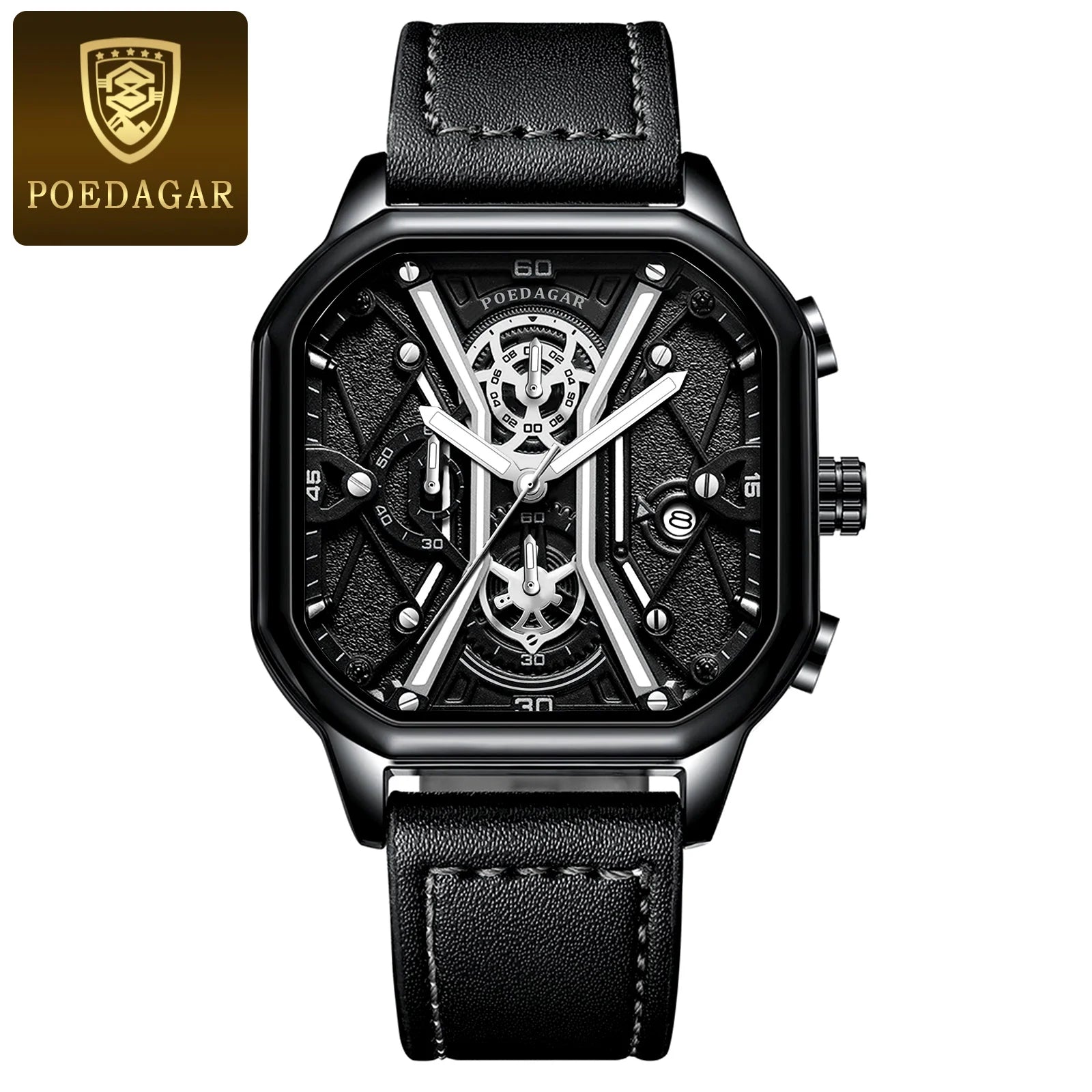 POEDAGAR Luxury Stainless Steel & Leather Chronograph Quartz Watch - Luminous, Waterproof, Date And Box