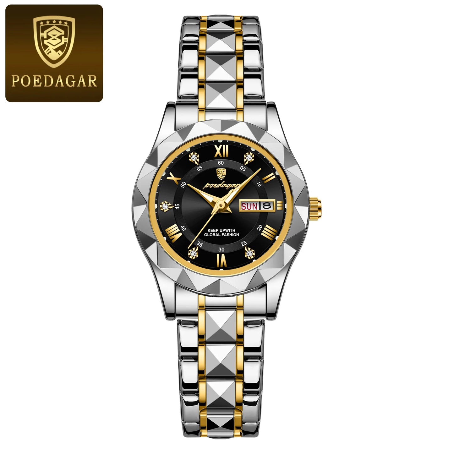 POEDAGAR woman Luxury style Stainless Steel Quartz Wrist Watch - Waterproof, Luminous, Date And Box