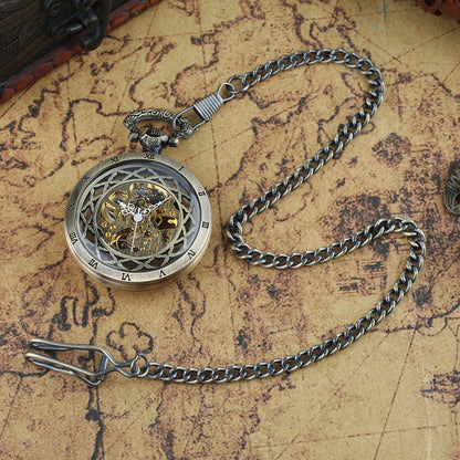 YISUYA Luxurious & Elegant Steampunk Style Glass Transparent Hand Wind Mechanical Pocket Watch with Chain