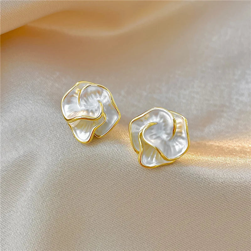 LATS White Flower Uniquely Folded Stud Multi-layered Earrings In Different Styles