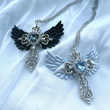 Goth & Angel Winged Cross Pendant Necklace