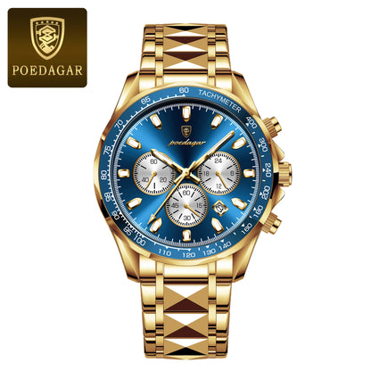 POEDAGAR Luxury Stainless Steel Quartz Chronograph Watch - Waterproof, Luminous, Date And Box