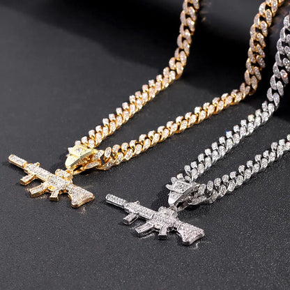 PEZDEMAR Iced Out Crystal M16 Gun Pendant With Chain Or Cuban Necklace