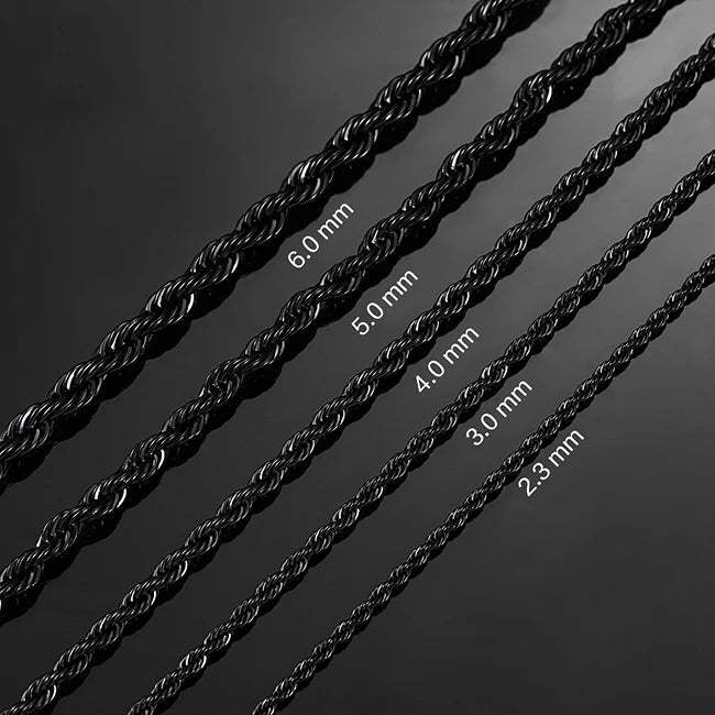 2.3mm/3mm/4mm/5mm/6mm Black Color Stainless Steel Twisted Rope Chains  16 to 30 Inches Necklace