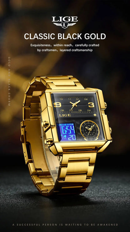 LIGE Quality Luxury Stainless Steel Gold Watch - Quartz Clockwork, Waterproof, Dual Display With Box