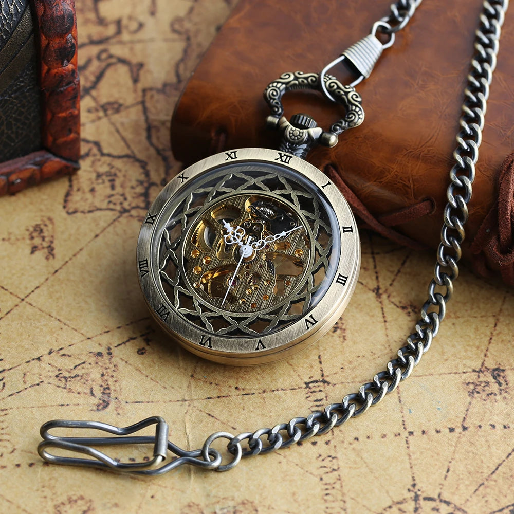 YISUYA Luxurious & Elegant Steampunk Style Glass Transparent Hand Wind Mechanical Pocket Watch with Chain