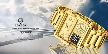 LIGE Quality Luxury Stainless Steel Gold Watch - Quartz Clockwork, Waterproof, Dual Display With Box