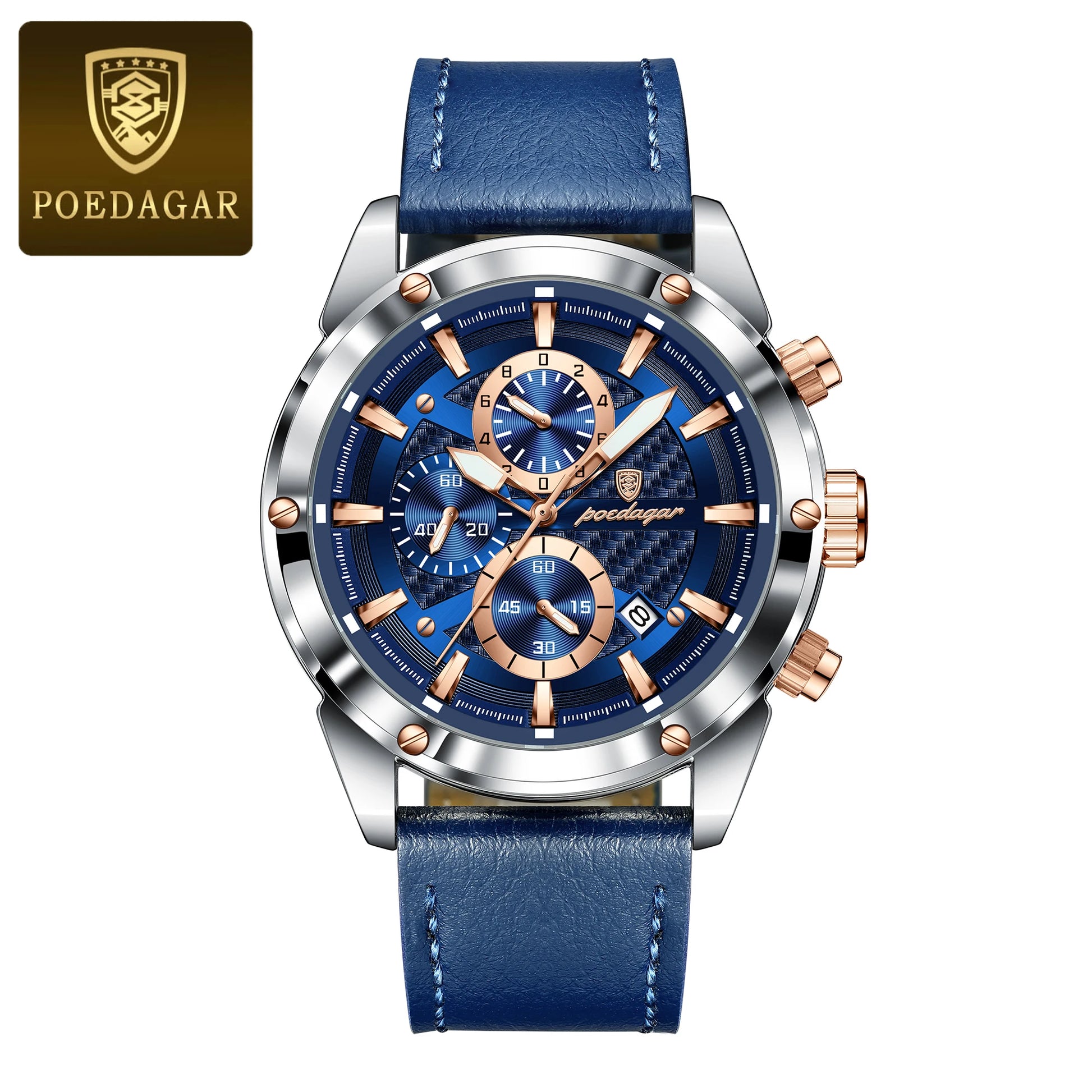 POEDAGAR Luxury Leather Band Quartz Chronograph Watch - Waterproof, Luminous, Date And Box