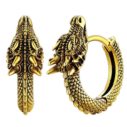 Huitan Fancy Gold, Silver & Black Dragon Hoop Earrings