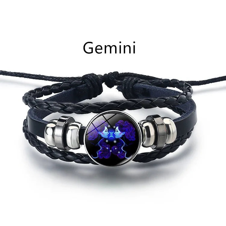 12 Constellation Zodiac Sign Black Braided Leather Bracelet