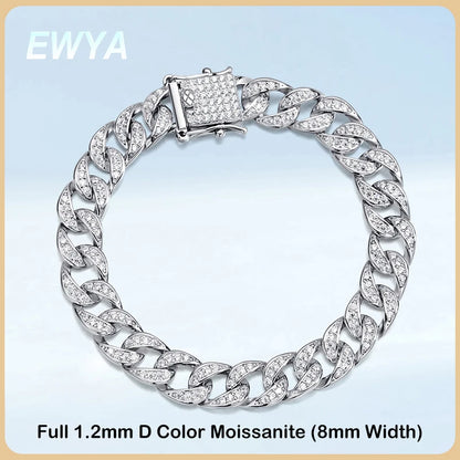 EWYA Full 1.2mm D Color Moissanite Cuban Chain Bracelet For Men Women S925 Silver Pass Diamond Test 8mm Wide Link Bracelets Gift