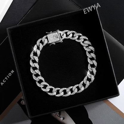 EWYA Full 1.2mm D Color Moissanite Cuban Chain Bracelet For Men Women S925 Silver Pass Diamond Test 8mm Wide Link Bracelets Gift