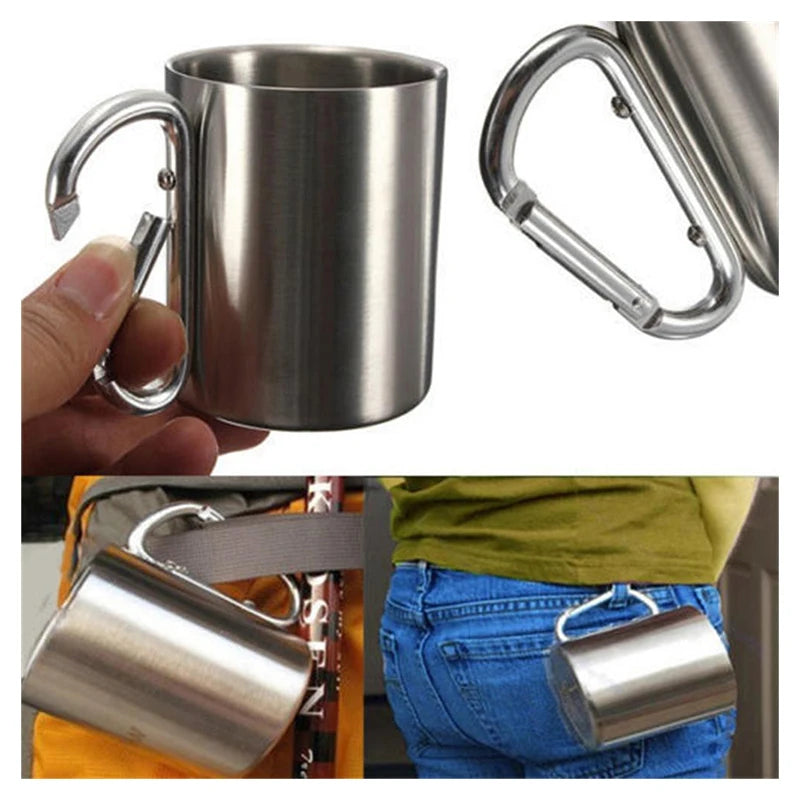 Outdoor 220Ml Stainless Steel Cup With Carabiner Handle For Camping & Hiking