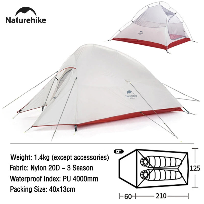 Naturehike 2 Person Camping Tent Ultralight Waterproof Nylon Trekking Tents Hiking Backpacking Shelter Tent Outdoor Travel Tent