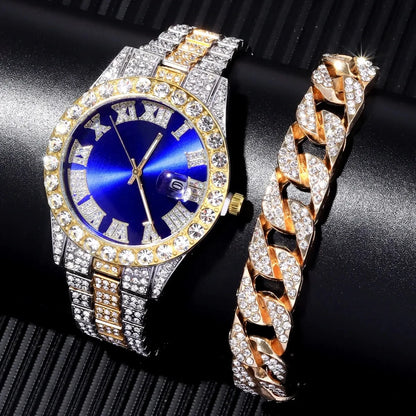 2pcs Luxury style Diamond Wristwatch with Quartz clockwork and Bracelet set