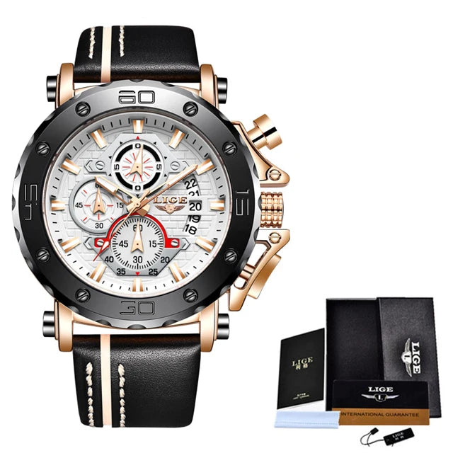 LIGE Quality Luxury Chronograph Stainless Steel/Leather strap Men Watch - Quartz Clockwork, Date With Box