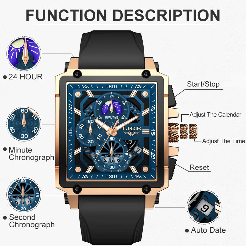 LIGE Quality Luxury Hollow Square Watch For Men with Silicone Strap - Waterproof, Quartz Clockwork+Box