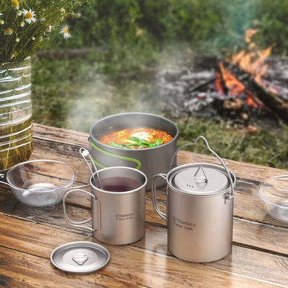 Tomshoo 3 PCS Outdoor Ultralight Titanium Cookware Set 750ml Pot & 450ml Water Cup Mug