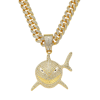 Big Size Shark Iced Out Pendant With 13mm Rhinestone Necklace