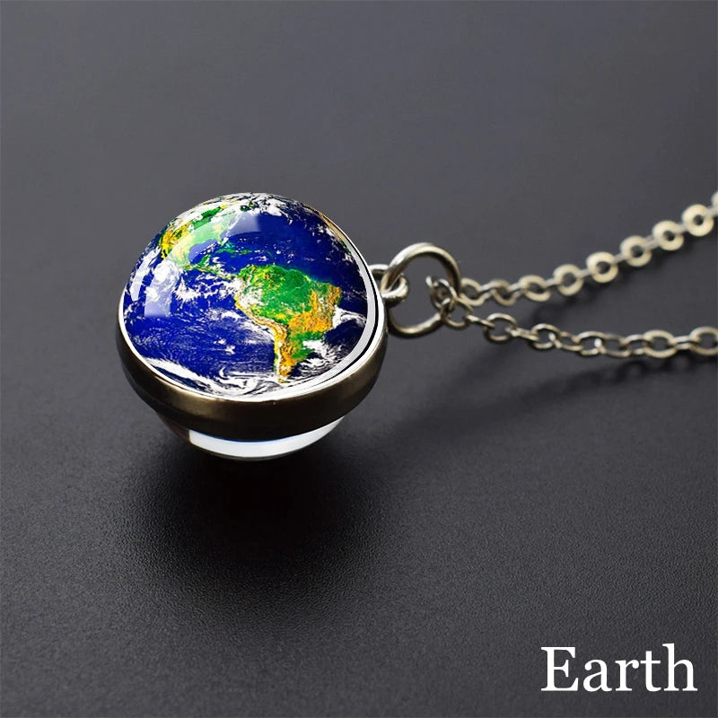 Solar system Two-sided Glass Ball Pendant Necklace For Men & Women