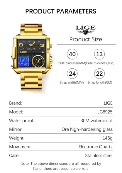 LIGE Quality Luxury Stainless Steel Gold Watch - Quartz Clockwork, Waterproof, Dual Display With Box