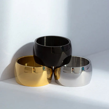 12mm Width Glossy Stainless Steel Rings In Smooth Black/Silver/Gold Colour