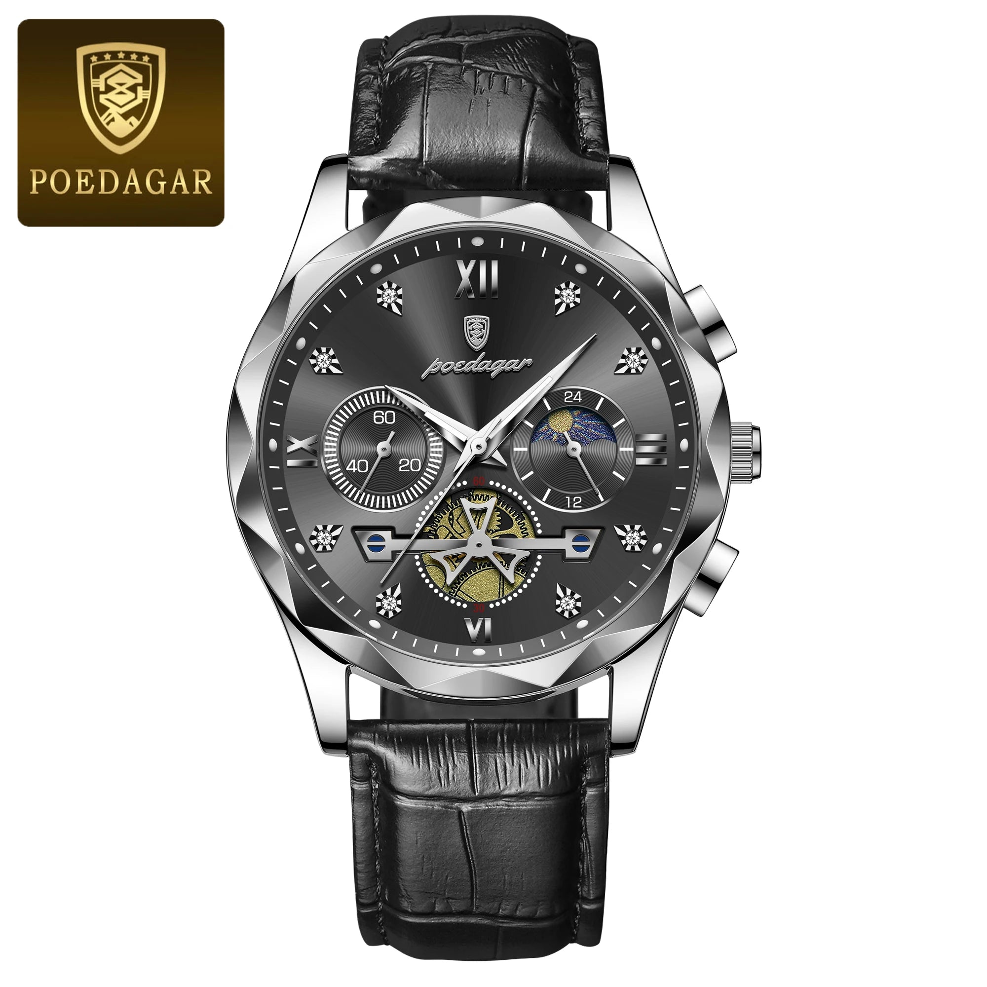 POEDAGAR Quality Luxury Leather band Quartz Chronograph Watch - Waterproof, Luminous, Date And Box