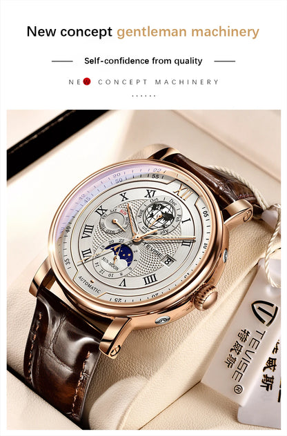 LIGE TW8820 Quality Luxurious Mechanical Leather Belt Watch Waterproof Mechanical - Moon Phase And Automatic With Box