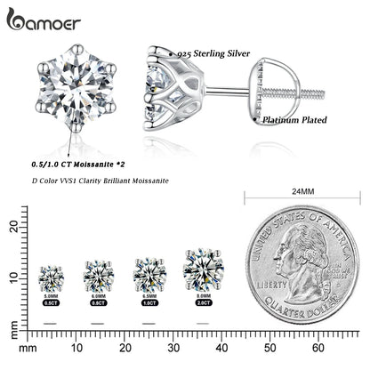 BAMOER Classic Moissanite 05/2CT Stud Earrings, S925 Silver D Color Brilliant Round Cut