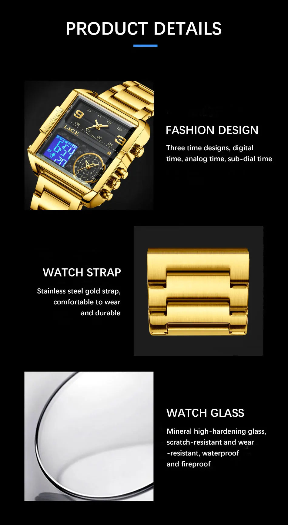 LIGE Quality Luxury Stainless Steel Gold Watch - Quartz Clockwork, Waterproof, Dual Display With Box