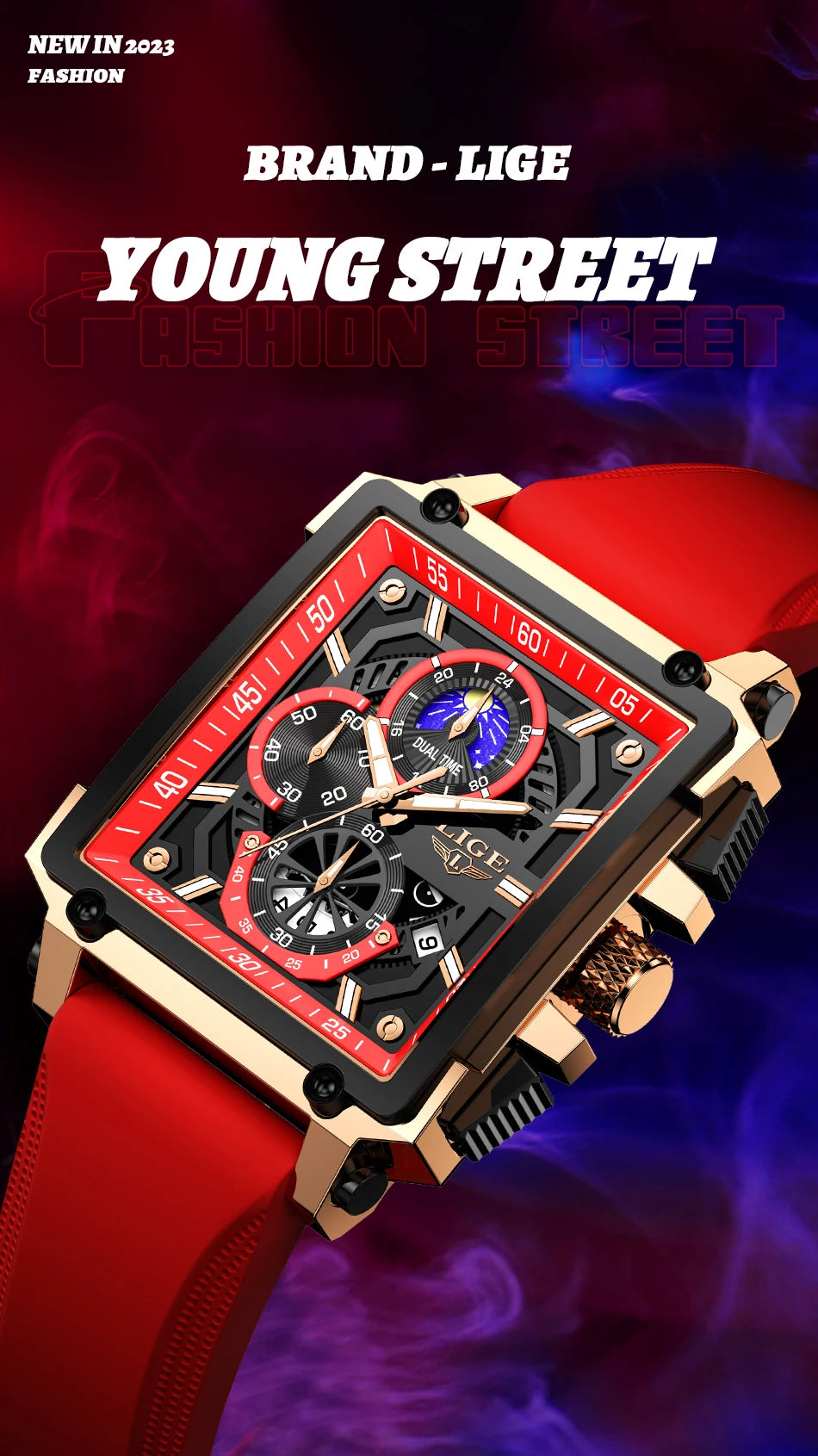 LIGE Quality Luxurious Chronograph Watch - Silicone strap - Quartz Clockwork, Waterproof With Box