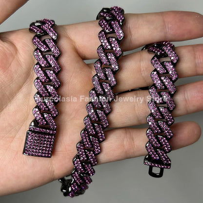 Horsewhip Cuban Link Chain 14mm Iced Out With Rhinestones In Black/Grey/Silver/Purple Necklace