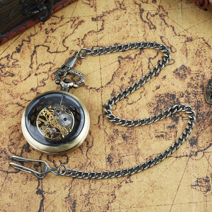 YISUYA Luxurious & Elegant Steampunk Style Glass Transparent Hand Wind Mechanical Pocket Watch with Chain