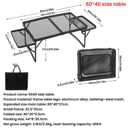 Outdoor Portable Iron Mesh Folding Table With Lifting Extention Shelf